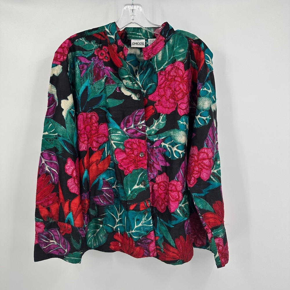 Chicos Womens Silk Art to Wear Top Size 3 US XL Floral Oversized Maximalist Bold